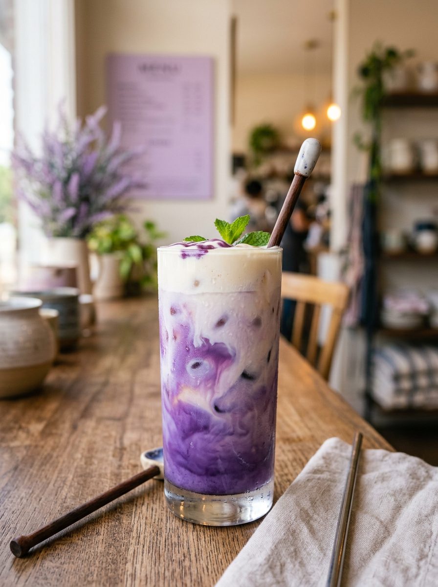 Iced ube latte in a tall glass
