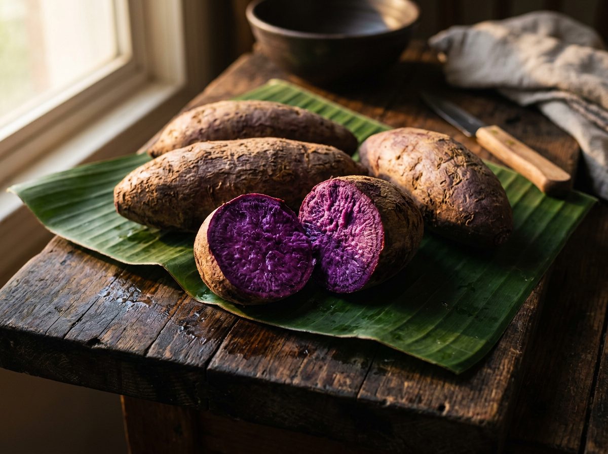 Whole purple yams, one cut open showing deep violet flesh